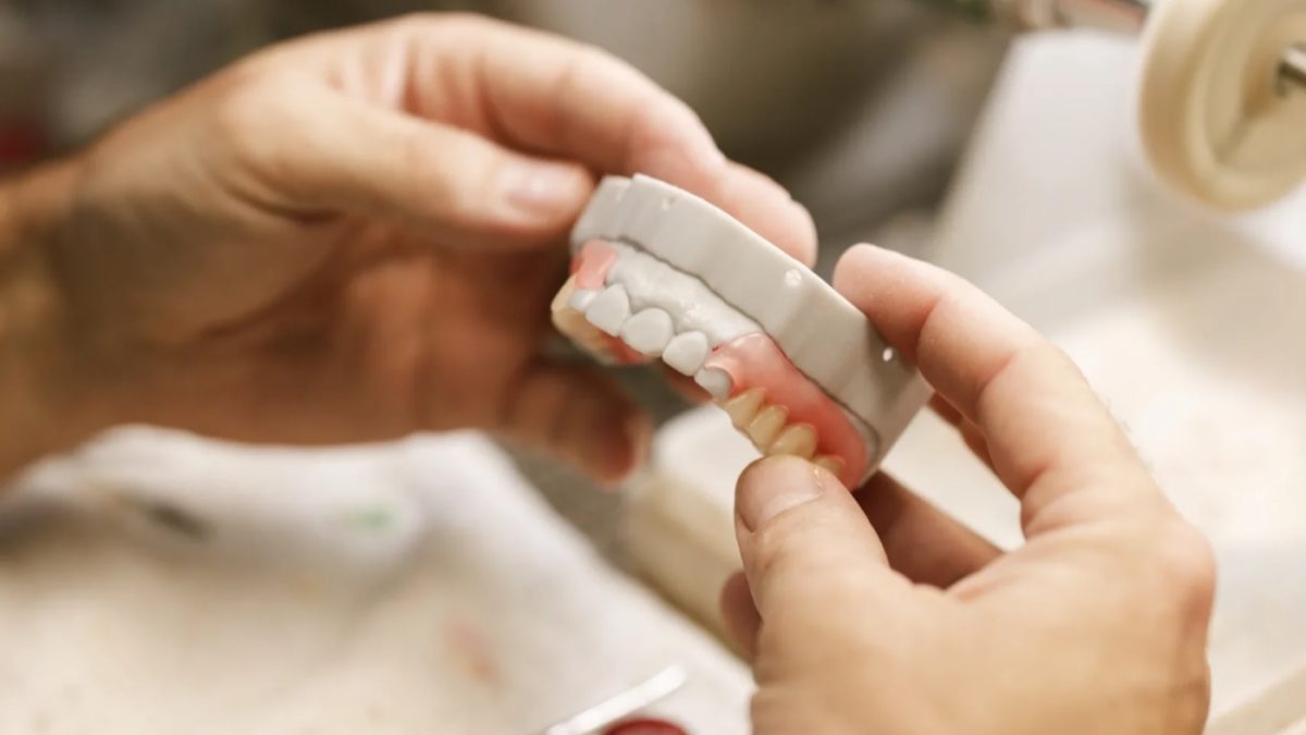 IDA technician holding an acrylic upper partial denture on its model at the bench