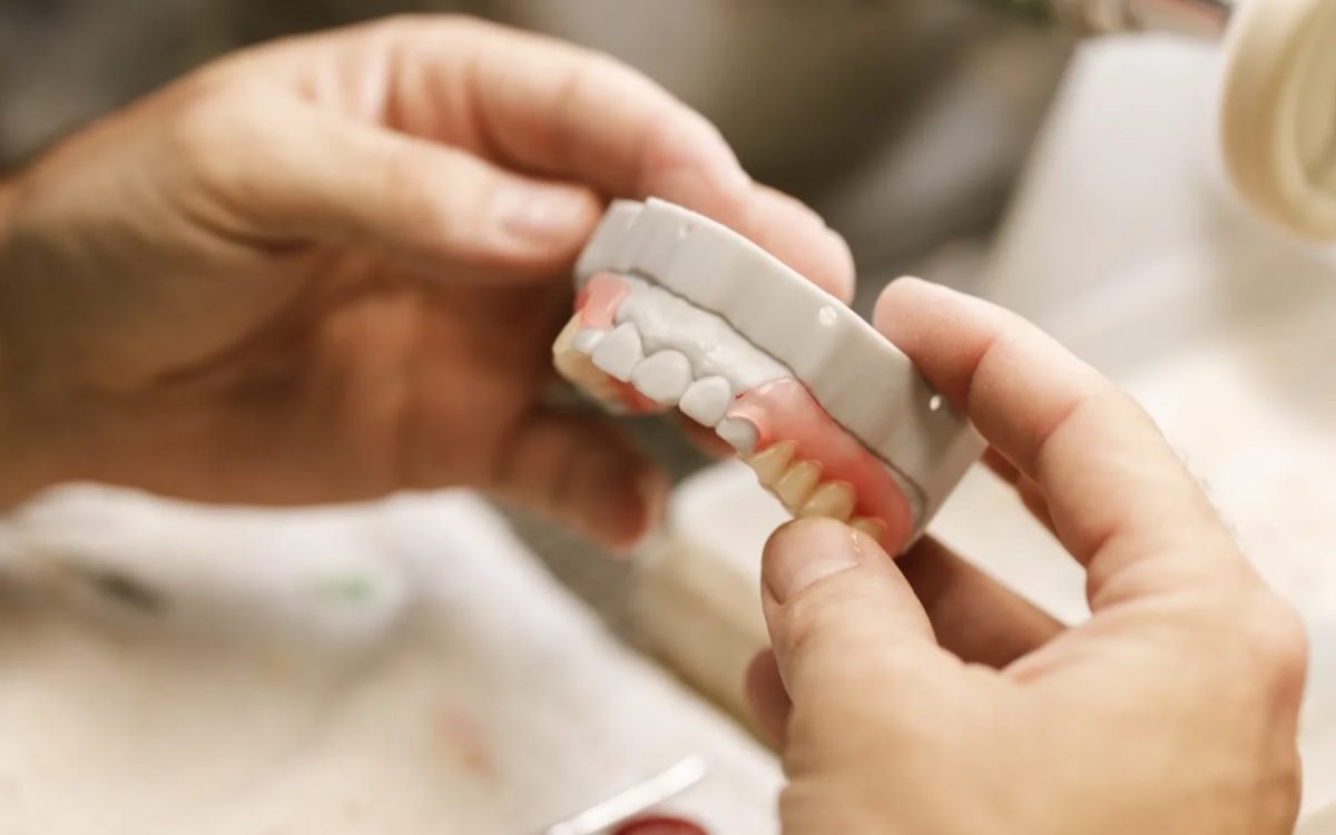 IDA technician holding an acrylic partial denture on its model at the bench