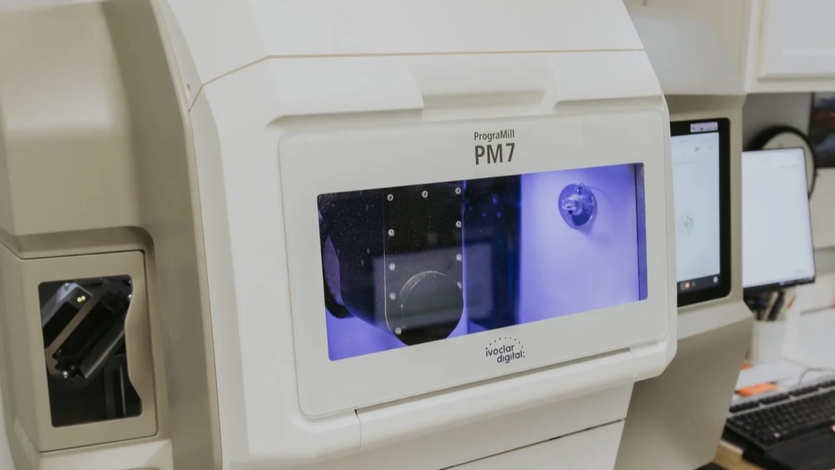 Ivoclar PrograMill PM7 milling a zirconia case in the IDA digital department