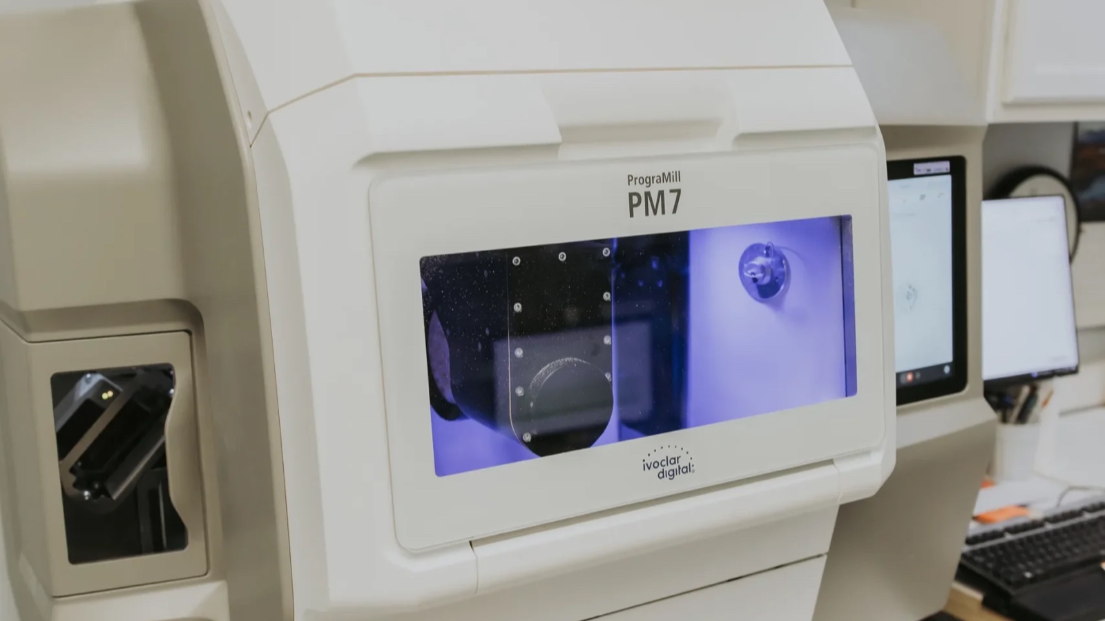 Ivoclar PrograMill PM7 milling a case at the IDA laboratory, the manufacturing end of the digital chain a scan body starts