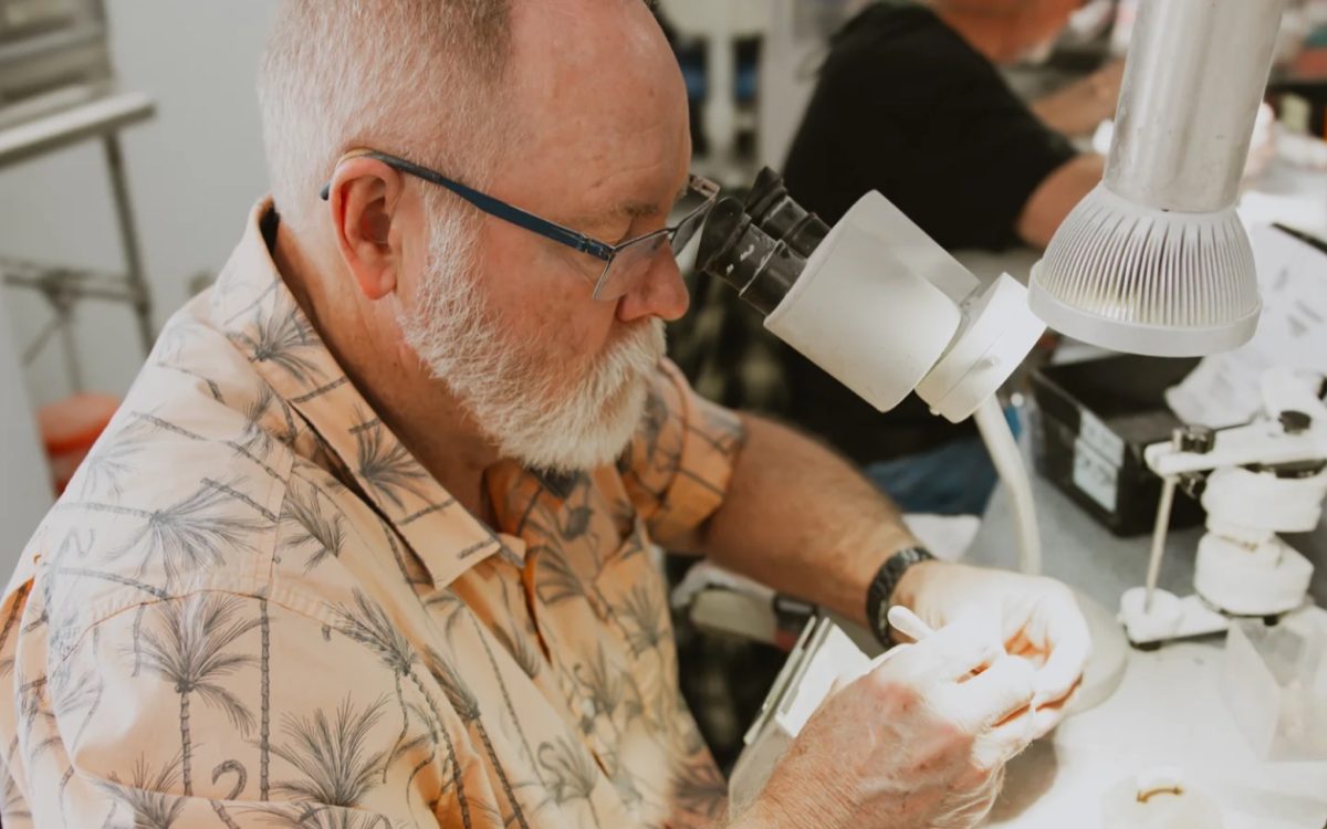 IDA technician working a case under the microscope